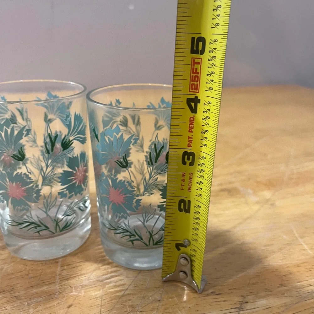 Vtg Taylor Smith & Taylor Ever Yours Teal Floral Juice Glasses MCM Set of 4